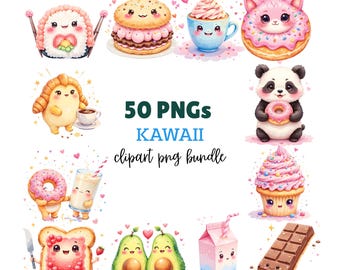 50 Kawaii Clipart Bundle Cute Kawaii PNG Fruits, Animals, Stickers & Chibi Characters