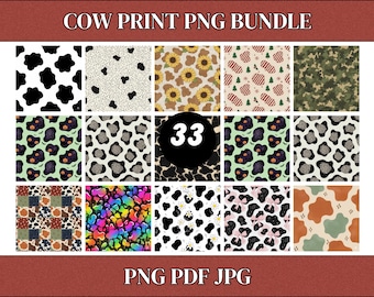 Western Cow Print Seamless Digital Paper Bundle, 33 Cute Animal Print PNG JPG PDF, Sublimation Backgrounds, Instant Digital Download