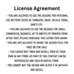 May include: A white document titled "License Agreement" with black text. The text details the permitted uses of the designs, including personal use on items like tumblers and shirts, and small commercial use up to 100 pieces.
