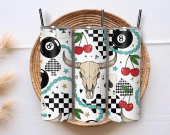 Western Cow Skull Retro Checkerboard Cherries 20oz Skinny Tumbler Wrap Sublimation PNG Design Digital Download