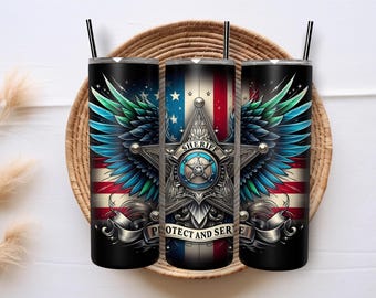 Sheriff Tumbler Wrap PNG 20oz Protect and Serve USA Flag Sublimation Design Police Officer Digital Download