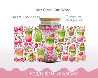 Iced Strawberry Matcha Latte 16 oz Libbey Glass Can Wrap PNG, Kawaii Floral Drink Sublimation Wrap (Digital Download)