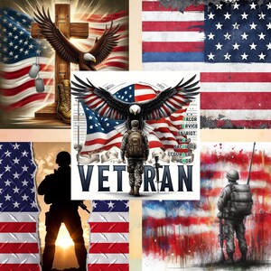 May include: A collage of patriotic images featuring the American flag, an eagle, a cross, and a soldier. The word "VETERAN" is prominently displayed. The color palette includes red, white, blue, and brown.