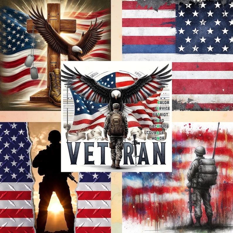 May include: A collage of patriotic images featuring the American flag, an eagle, a cross, and a soldier. The word "VETERAN" is prominently displayed. The color palette includes red, white, blue, and brown.