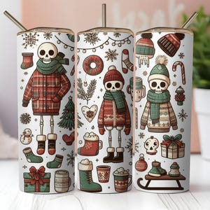 20oz tumbler wrap design with cozy winter skeletons in Christmas sweaters and scarves, digital sublimation file.

Printable Christmas tumbler design featuring cute skeletons in holiday outfits, ideal for festive crafts.