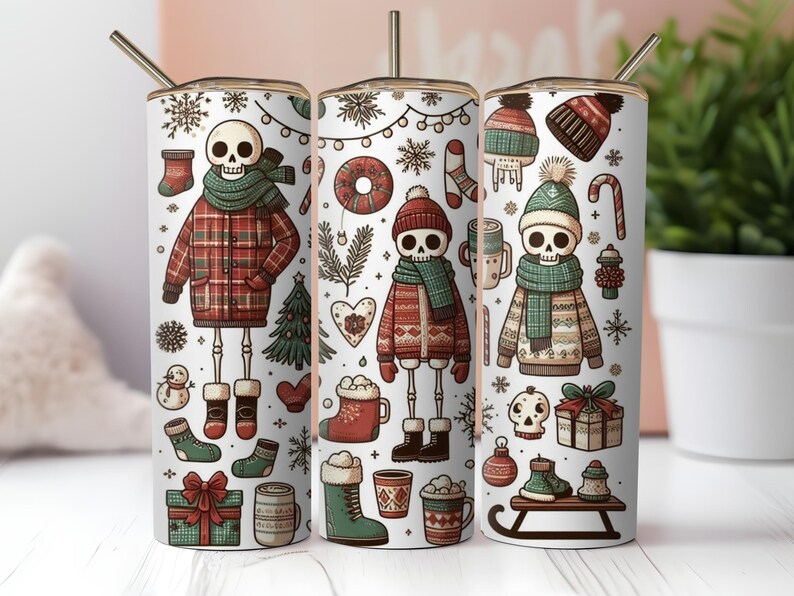 20oz tumbler wrap design with cozy winter skeletons in Christmas sweaters and scarves, digital sublimation file.

Printable Christmas tumbler design featuring cute skeletons in holiday outfits, ideal for festive crafts.