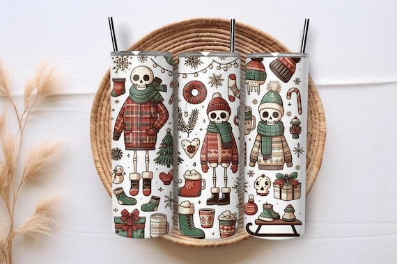 Christmas Skeleton Tumbler Wrap 20oz Skinny Sublimation Design Cozy Winter Holiday PNG Gothic Christmas Cup File