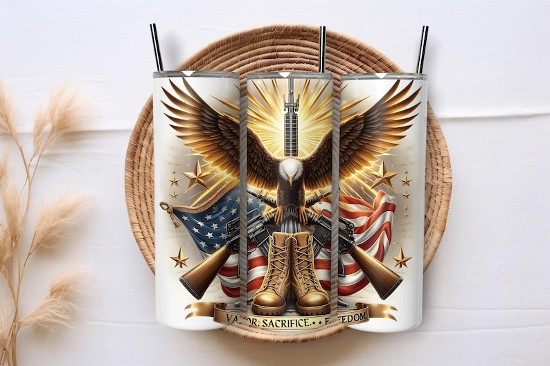 May include: Three white insulated tumblers with black straws, featuring a patriotic design. The design includes an eagle with outstretched wings, rifles, American flags, and the text "Valor, Sacrifice, Freedom."