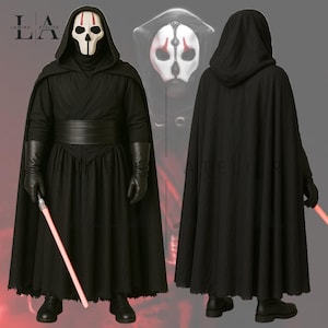May include: A black costume with a hooded cloak, gloves, and a belt. The costume includes a white mask with red accents and a lightsaber. The image shows the front and back of the costume.