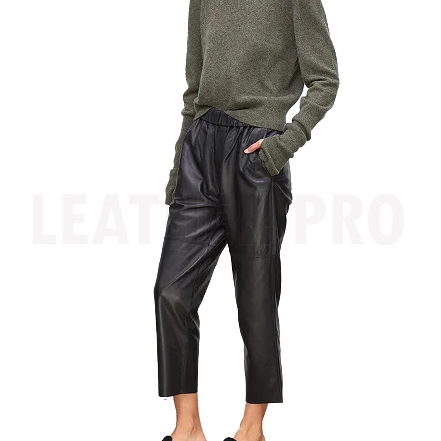 Black Genuine Sheepskin Leather Pants High Elastic Waist Trousers