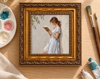 Woman Reading Original Oil Painting, Blue Dress Portrait Art, Hand Painted Book Lover Decor, Gold Frame Option, Birthday Gift For Readers