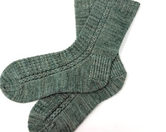 Hand Knit Socks, Warm Green, Cabled, Women’s Size 7-8 Calf Length - Wool Nylon Superwash Yarn