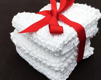 Dishcloths - Set of 3 Hand knit - Classic White - Washable Cotton - 10” Square -  Bleachable - Like Grandmas - Housewarming Gift