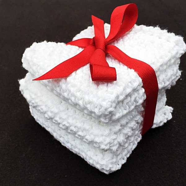 Dishcloths - Set of 3 Hand knit - Classic White - Washable Cotton - 10” Square -  Bleachable - Like Grandmas - Housewarming Gift