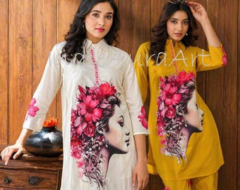 Conjunto de kurta y pantalón de seda muselina con estampado digital para mujer, conjunto de cordón con estampado floral blanco,