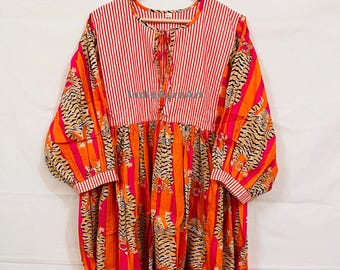 Vestido midi de algodón a rayas con estampado de tigre naranja: vestido bohemio, kurti para mujer, vestidos de noche