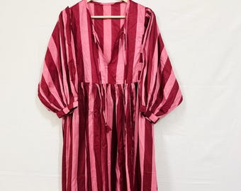 Striped Cotton Gauze Dress, Deep Neck, Summer Travel, Handmade in India