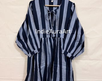 Blue Stripe Cotton Midi Dress, Boho Pockets, Balloon Sleeve Cottagecore Outfit
