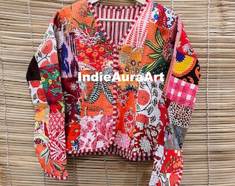 Giacca trapuntata indiana realizzata a mano con tecnica patchwork, cappotto reversibile fatto a mano,