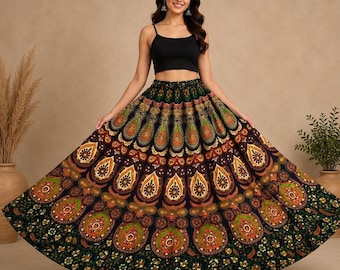 Indian Cotton Long Skirt, Boho Mandala Skirt for Women, Ethnic Festival Skirts,