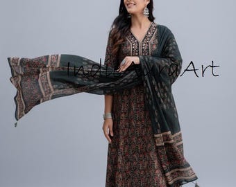 Conjunto de Kurti de algodón con estampado de bloques hecho a mano: Kurta Anarkali con Dupatta, traje con estampado Ajrakh,