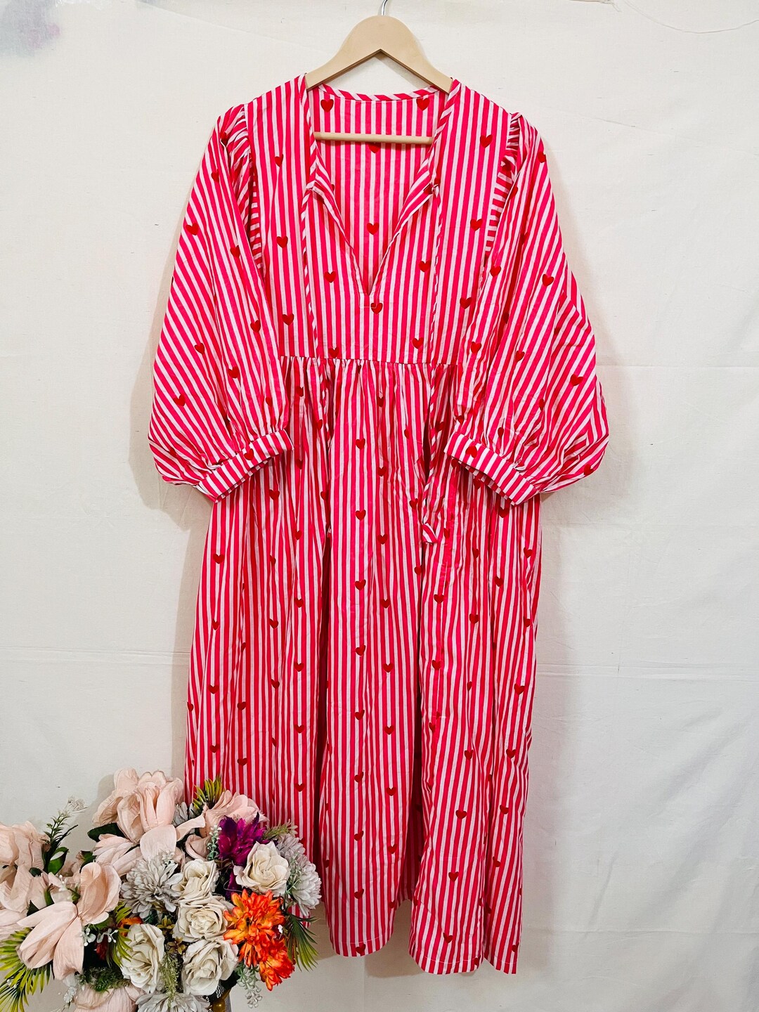Pink Striped Print Cotton Midi Dress: Deep Neck Summer Sundress - Etsy