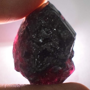 May include: A rough-cut, dark red gemstone with a faceted surface. The stone has a deep, almost black color in some areas, with vibrant red highlights. The gemstone is held between two fingers, showcasing its natural, unpolished texture.