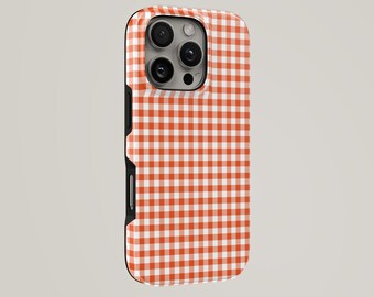 Plaid Phone Case Orange TOUGH Cover for iPhone 17 Pro Max, 16e, 15, 14, 13 & Samsung S26 Ultra, S25 FE, A57, A56, Pixel 10, 9A