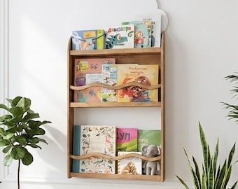 モンテッソーリ ワイドブックシェルフ - 大型木製ブックオーガナイザー、子供部屋用幼児用ブックシェルフ、パーソナライズギフト