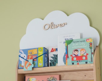 Nursery Cloud Bookshelf – Montessori Wooden Wall Organizer, Kids Book Storage, Personalized Name
