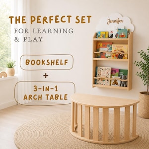 Waldorf lesmeubelset, wandboekenkast en 3-in-1 studietafel, klimboog, leerruimte voor thuisonderwijs