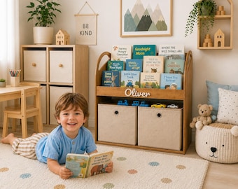 Półka na książki Learning Space, spersonalizowany organizer na książki dla dzieci z imieniem, ekspozytor książek z przodu, meble do przechowywania Montessori