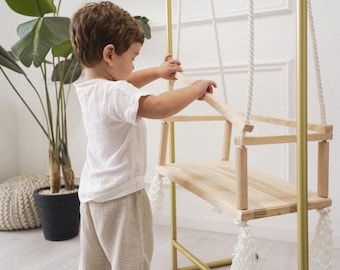 Safe Wooden Baby Swing, Sturdy Indoor Toddler Hanging Chair, Durable Fabric Seat with Secure Support and Natural Materials for Playroom