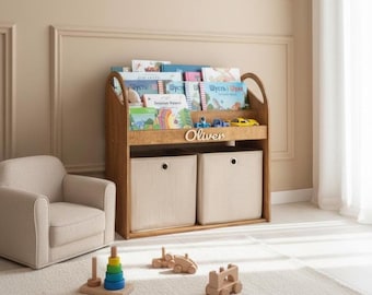 Estantería Montessori ancha para habitación infantil, organizador grande de juguetes de madera, regalo personalizado