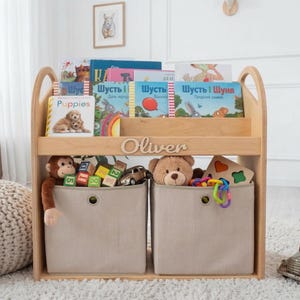 Toddler Bookcase with Storage Bins | Custom Wooden Nursery Bookshelf | Front Facing Montessori Display | 1st Birthday Gift