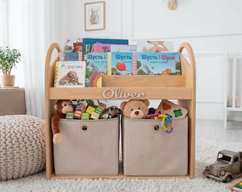 Toddler Bookcase with Storage Bins | Custom Wooden Nursery Bookshelf | Front Facing Montessori Display | 1st Birthday Gift