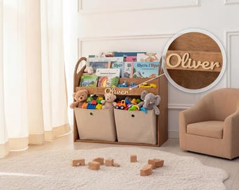 Large Montessori Wooden Bookshelf - Wide Toddler Bookcase and Toy Organizer for Kids Room, Personalized Gift