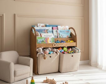 Libreria Montessori Wide - Libreria per bambini per la cameretta dei bambini, grande organizer per giocattoli in legno, regalo personalizzato