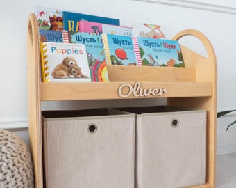Estantería Montessori para niños, muebles de madera para juguetes, estanterías para libros de guardería, regalo personalizado para el primer cumpleaños.