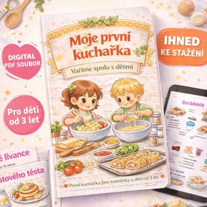 May include: A children's cookbook titled "My First Cookbook" with illustrations of two children cooking. The cover features the text "Digital PDF File" and "For children 3+." A tablet displays recipes. The image includes food and cooking utensils.