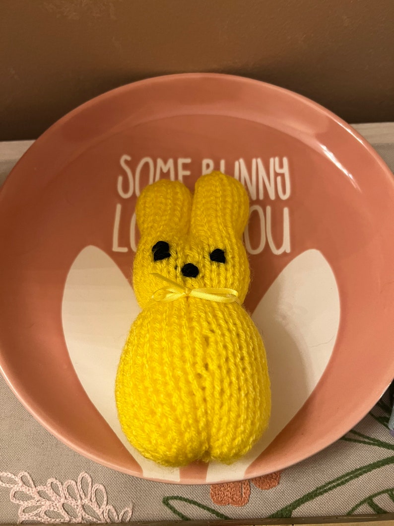 May include: A yellow knitted bunny rabbit with black eyes and a yellow bow. The bunny is sitting on a pink plate with the text "Some bunny loves you" in white.
