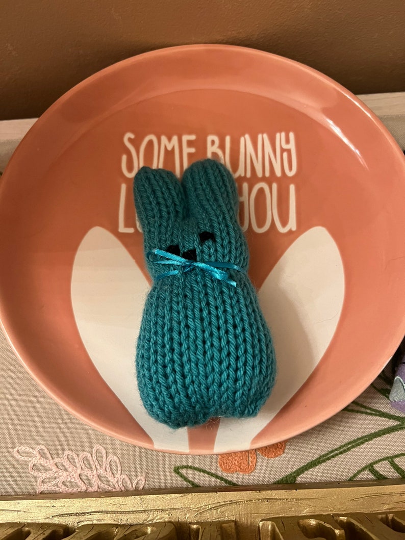 May include: A teal knitted bunny rabbit sitting on a pink plate with the text "Some bunny loves you" in white.