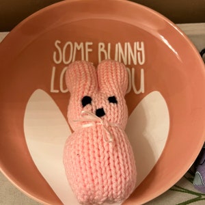 May include: A pink knitted bunny rabbit with black eyes and a pink ribbon sits on a pink plate with the text "Some bunny loves you" in white.