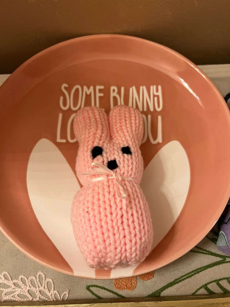May include: A pink knitted bunny rabbit with black eyes and a pink ribbon sits on a pink plate with the text "Some bunny loves you" in white.