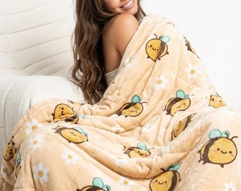 Cute Bee Print Weighted Blanket | Cosy Plush Anxiety Blanket for Adults | Calming Deep Pressure Throw | Cute Bedding Gift | Zzzoodles