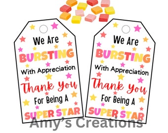 Bursting with Appreciation Candy Gift Tags - Starburst Theme - Teacher, Boss, Employee, Coworker, Staff Gifts