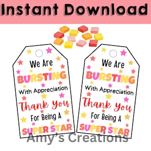 Bursting with Appreciation Candy Gift Tags - Starburst Theme - Teacher, Boss, Employee, Coworker, Staff Gifts
