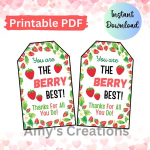 Printable Strawberry Gift Tag - Staff, Teacher, Co-worker, Boss Appreciation Thank You Tag - You are the Berry Best Gift Tag - Download PDF