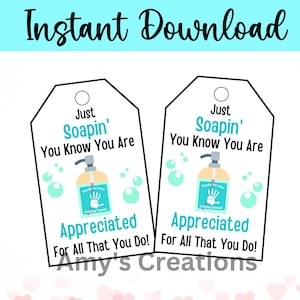 Druckbarer Geschenkanhänger 'Just SOAPIN' You know you are Appreciated' - perfekt für Lehrer, Krankenschwestern, Mitarbeiter und mehr - für ihren Geburtstag - PDF