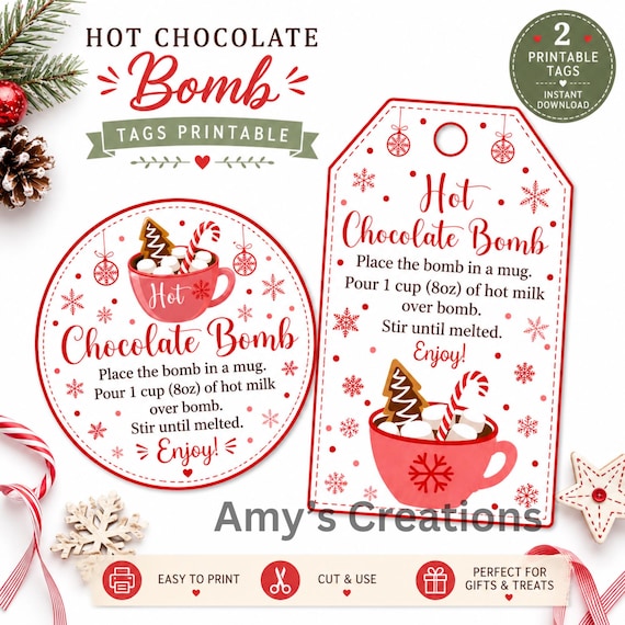 Hot Chocolate Bomb Tags, Christmas Cocoa Gift Instructions (PDF Download)